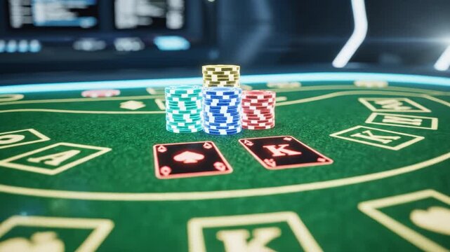 Poker chip stack playing card casino table gambling game green felt surface with futuristic neon lights holographic display and high tech atmosphere for card game entertainment