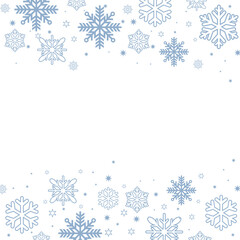 Square winter background featuring a border created by various sizes of soft light blue snowflakes and tiny stars on a crisp white background. Ample copy space in the center, perfect for Christmas, ho