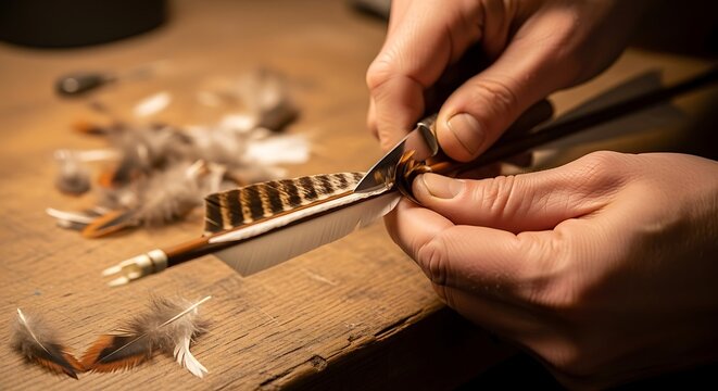 Close-up crafting arrow fletching with feather trimming for archery sports