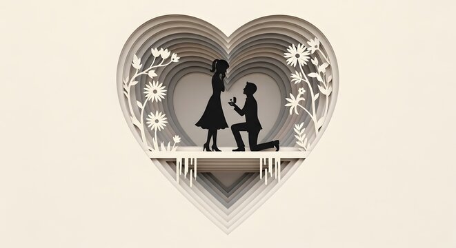 Heart-shaped layered paper art of a marriage proposal, intricate silhouette of a man proposing to a woman, romantic engagement concept.