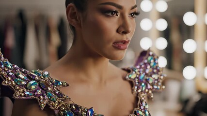 Close up of a focused female performer in a jeweled costume preparing mentally backstage near vanity lights with cinematic bokeh.