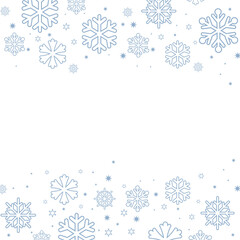 Fototapeta premium Square winter background featuring a border created by various sizes of soft light blue snowflakes and tiny stars on a crisp white background. Ample copy space in the center, perfect for Christmas, ho