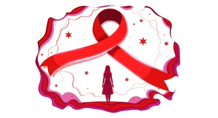 Red ribbon awareness symbol with a person silhouette in a layered paper-cut style illustration, representing global health, support, and solidarity.