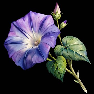 Watercolor illustration of a purple morning glory flower with green leaves isolated on transparent background