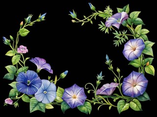 Watercolor morning glory flower wreath with blue and purple blooms and green leaves isolated on transparent background
