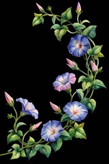 Hand-painted watercolor morning glory vine with blue flowers and pink buds isolated on transparent background