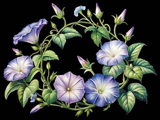 Watercolor morning glory floral wreath with delicate blossoms and green leaves isolated on transparent background
