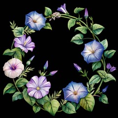 Delicate watercolor morning glory floral wreath with colorful blossoms isolated on transparent background