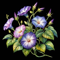 Detailed watercolor painting of colorful morning glory flowers and green leaves isolated on transparent background
