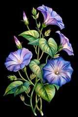 Watercolor morning glory flowers, blue and purple blooms, botanical illustration isolated on transparent background