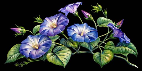 Detailed watercolor illustration of vibrant blue and purple morning glory flowers blooming against a pure background isolated on transparent background