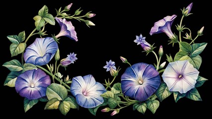 Watercolor morning glory flowers border with delicate blue purple blossoms isolated on transparent background