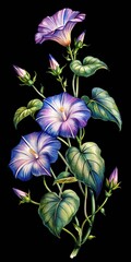 Detailed botanical watercolor of morning glory flowers, buds, and leaves isolated on transparent background