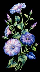 Vibrant watercolor morning glory blossoms and green foliage botanical artwork isolated on transparent background
