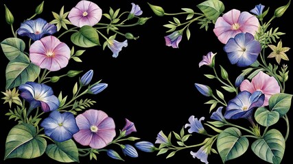 Watercolor morning glory floral border frame design illustration isolated. isolated on transparent background