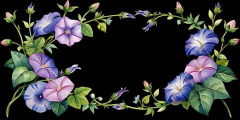 Watercolor morning glory flowers and buds, a vibrant floral decorative border isolated on transparent background