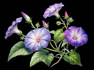 Botanical illustration of vibrant purple morning glory flowers, buds, leaves isolated on transparent background