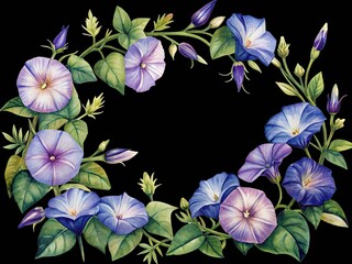 Hand-painted watercolor morning glory flower wreath and vine border design isolated on transparent background