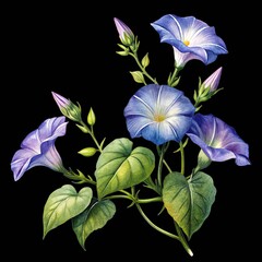 Watercolor illustration of vibrant blue and purple morning glory flowers. isolated on transparent background