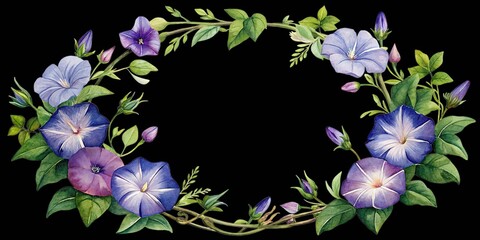 Hand-painted morning glory wreath illustration with vibrant blue and purple blooms isolated on transparent background