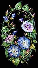 Watercolor morning glory flowers and vine botanical oval frame illustration isolated on transparent background