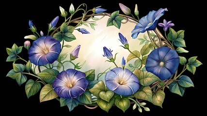 Watercolor blue morning glories floral frame with light copy space center isolated on transparent background