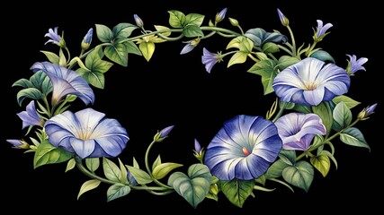 Watercolor morning glory wreath floral botanical frame with green leaves. isolated on transparent background