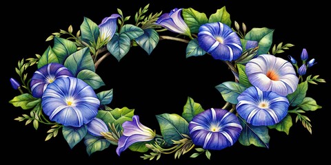 Watercolor blue morning glory floral wreath. hand painted flower frame design isolated on transparent background