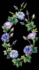 Watercolor morning glory floral wreath with purple and blue blossoms isolated on transparent background