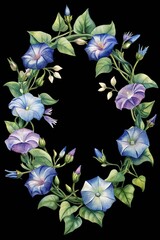 Morning glory watercolor floral wreath and leaves isolated botanical art isolated on transparent background