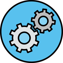 Two Interlocking Cogwheels Gear Mechanism Icon Symbol on a Blue Circle with Transparent Background