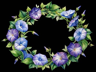 Watercolor morning glory flower wreath with blue and purple blooms, vibrant isolated on transparent background