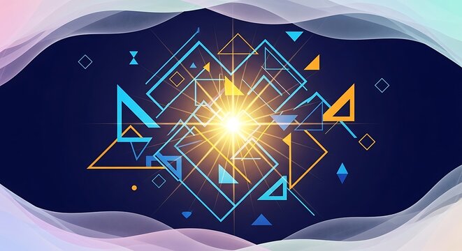 Geometric abstraction with radiant glow and translucent wave overlays