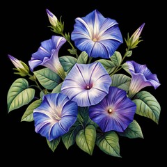 Blue and purple morning glory flowers with green leaves, lush botanical illustration isolated on transparent background