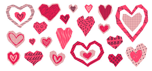 Collage hearts with patterns and doodles. Hand drawn Valentine's day decor elements. Cut out paper pieces for scrapbook, love and caring symbol vector illustration set