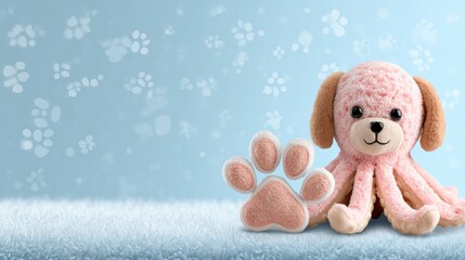 Fototapeta premium Cute Octopus Mascot Holds a Paw Print Toy on a Fluffy Pastel Background During a Pet Product Promotion Event
