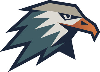 Stylized eagle head logo with sharp angles and blue green feathers
