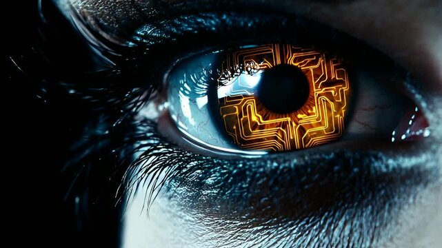 Futuristic cybernetic eye with glowing circuit implants displays advanced technology concept