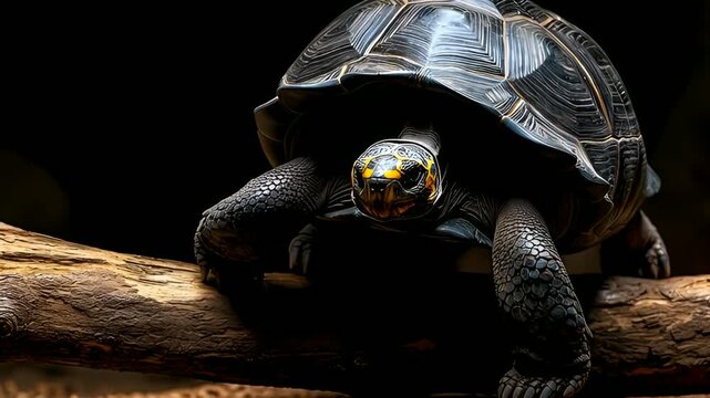 Golden headed tortoise slowly moving on a fallen log, a symbol of longevity and resilience