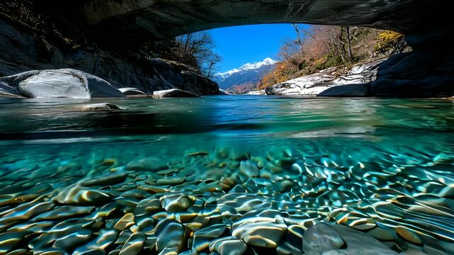 Clear turquoise river flows under rock overhang toward snow-capped mountains on sunny day
