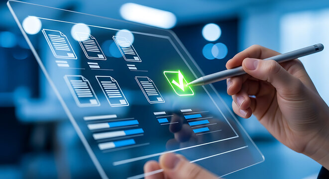 Hand using stylus on transparent tablet showing document checklist and chart data, conveying quality control and audit compliance.