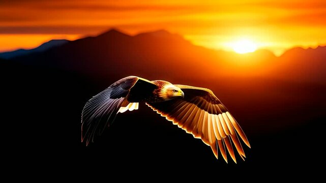 Majestic golden eagle soaring across vibrant sunset sky in powerful wildlife display