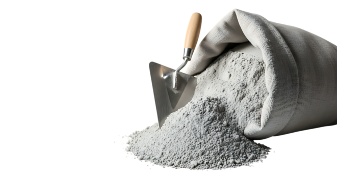 Trowel, scooping light gray powder from a burlap sack, isolated on transparent background. PNG