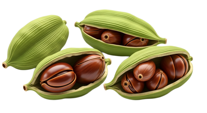 A close up of several cardamom pods with brown seeds visible against a black background studio shot