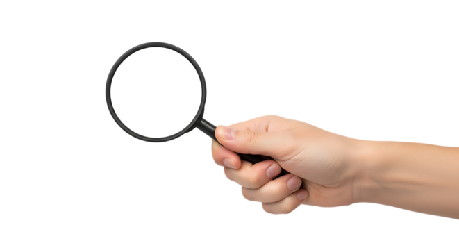 Hand, holding a magnifying glass with a white lens against a dark background, isolated on transparent background. PNG