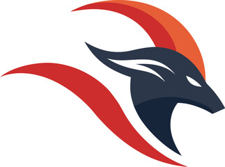 Stylized dark blue goat head with red and orange horns on white