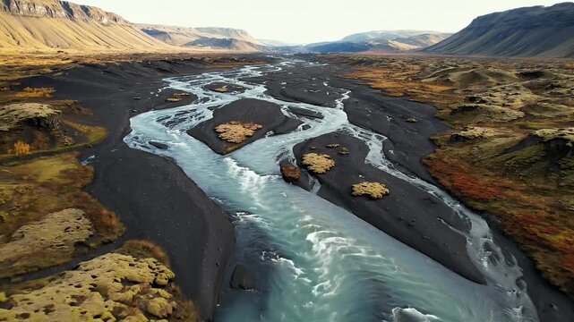 Aerial Footage Of A Braided River Flowing Through A Black Sand Valley