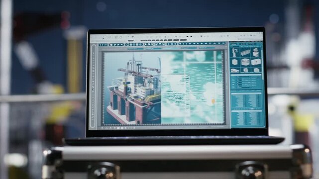 Laptop screen shows visualization and monitoring software on empty offshore platform, enabling mechanical system calibration and predictive maintenance for industrial operations. Camera B.