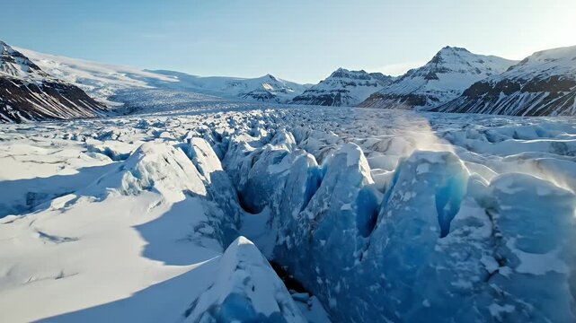 Cinematic Aerial View Of Ice Formations In Iceland Glacier