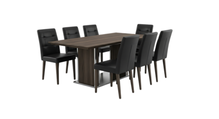 Modern Dining Table, with Eight Black Leather Chairs, isolated on transparent background. PNG